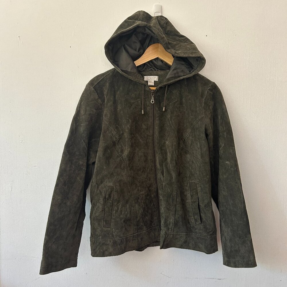 Christopher & Banks Hooded Pig Leather Jacket Large Green Pocket Goblincore Boho